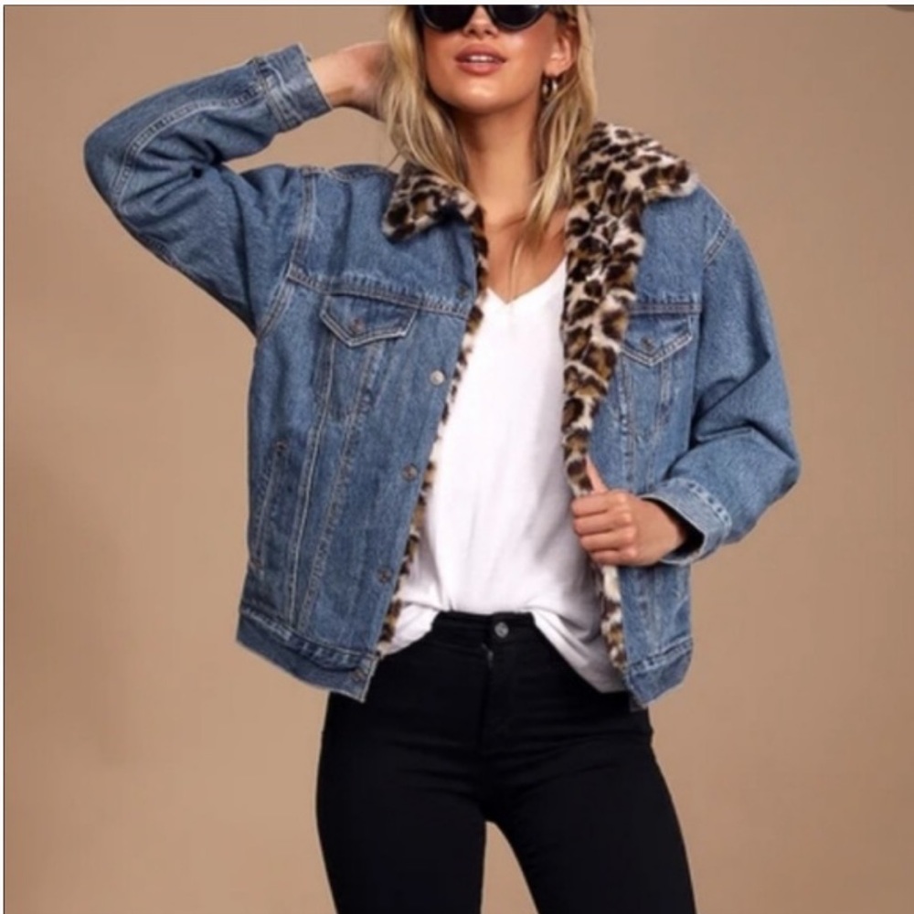 Levi's Oversized Reversible Denim Leopard Print Trucker Jacket Cat Eye Size S